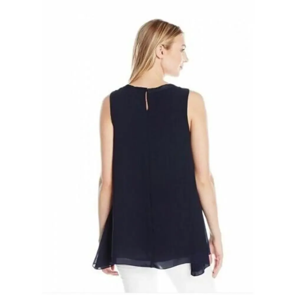 Lark &‎ Ro Women's Navy Sleeveless Blouse With Embroidered Neckline Large